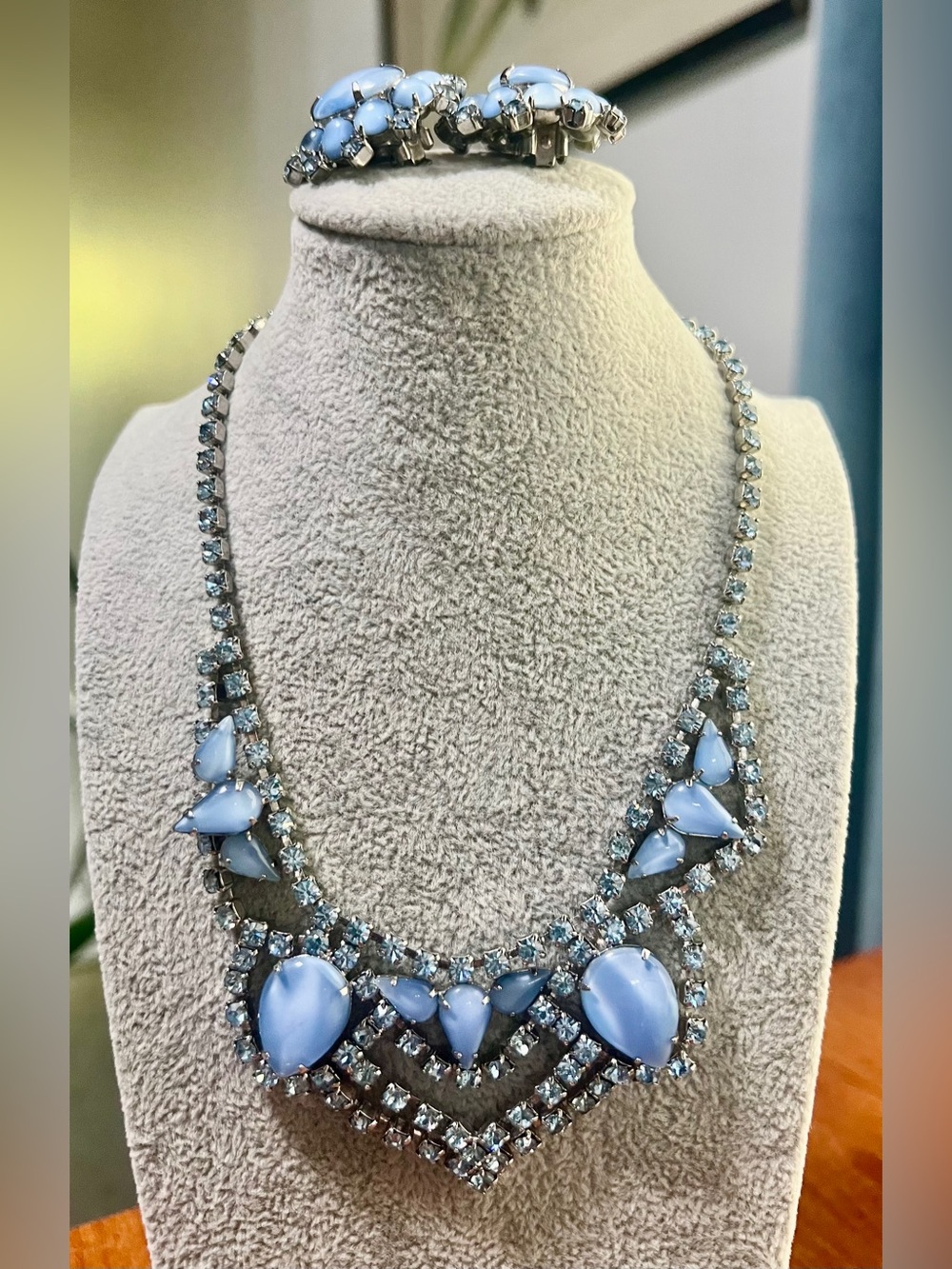 Vintage Pale Blue Rhinestone Statement Necklace and clip earrings set